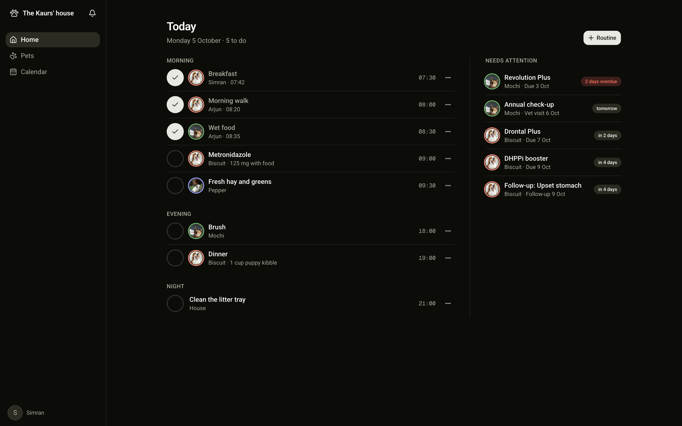 Today in the web app: routines for Biscuit, Mochi and Pepper, each ticked one signed by who did it, and a Needs attention list of vaccines and vet visits.